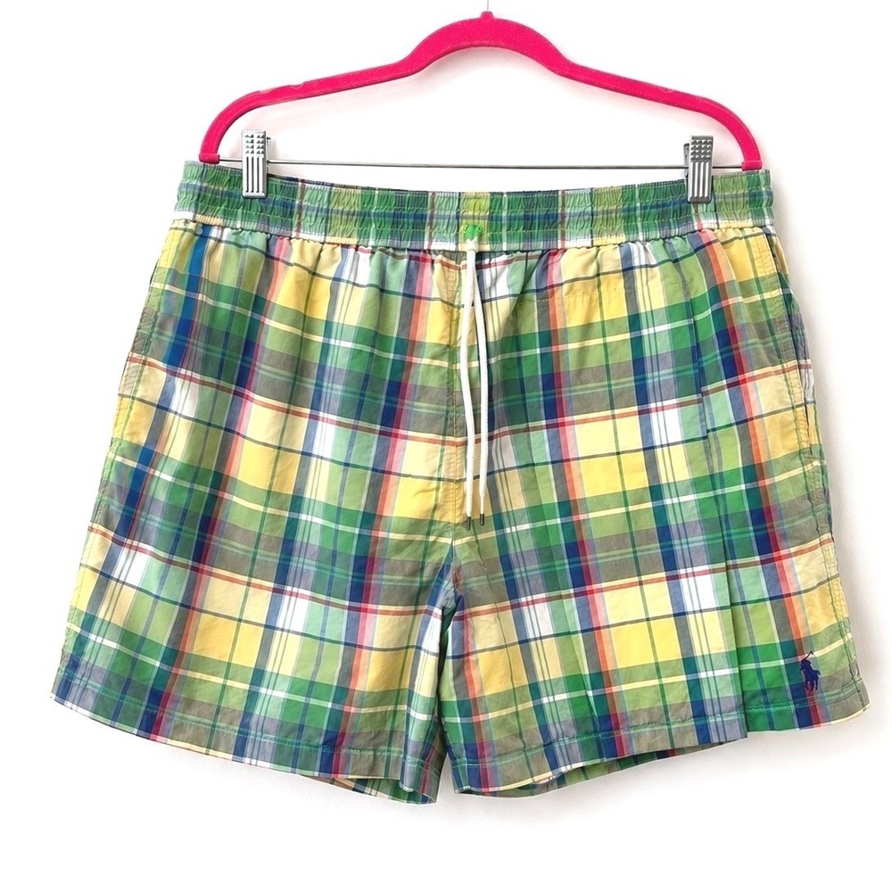 Polo Ralph Lauren Mens Green Yellow Plaid Swim Trunks Board Shorts XXL 4 Inseam‎